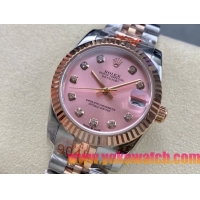 ロレックスコピー デイトジャスト（Datejust）31mm 279384“ピンクシェル文字盤・ダイヤモンドインデックス＋リングコマンド機能搭載三角坑紋ベゼル（光圈/钻圈）＋ブレスレット” レディース専用モデル
