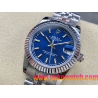 ロレックスコピー デイトジャスト（Datejust）31mm 279384“ブルー文字盤・バトンインデックス＋リングコマンド機能搭載三角坑紋ベゼル＋ブレスレット” レディース専用モデル