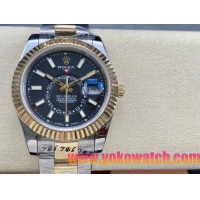 ロレックスコピー スカイ・デューラー 326138（Sky-Dweller）42mm “ブラック・ダイヤル・ゴールド・インデックス＋リングコマンド機能搭載三角坑紋ベゼル＋オイスターブレスレット” レディース専用モデル 