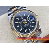ロレックスコピー スカイ・デューラー 326138（Sky-Dweller）42mm “ブラック・ダイヤル・ゴールド・インデックス＋リングコマンド機能搭載三角坑紋ベゼル＋オイスターブレスレット” レディース専用モデル 