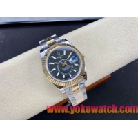 ロレックスコピー スカイ・デューラー 326138（Sky-Dweller）42mm “ブラック・ダイヤル・ゴールド・インデックス＋リングコマンド機能搭載三角坑紋ベゼル＋オイスターブレスレット” レディース専用モデル 
