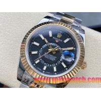 ロレックスコピー スカイ・デューラー 326138（Sky-Dweller）42mm “ブラック・ダイヤル・ゴールド・インデックス＋リングコマンド機能搭載三角坑紋ベゼル＋オイスターブレスレット” レディース専用モデル 