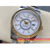 ロレックスコピー スカイ・デューラー（Sky-Dweller）42mm “ホワイト・ダイヤル・ゴールド・インデックス＋リングコマンド機能搭載三角坑紋ベゼル＋オイスターブレスレット” レディース専用モデル