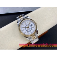 ロレックスコピー スカイ・デューラー（Sky-Dweller）42mm “ホワイト・ダイヤル・ゴールド・インデックス＋リングコマンド機能搭載三角坑紋ベゼル＋オイスターブレスレット” レディース専用モデル