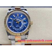 ロレックスコピー スカイ・デューラー（Sky-Dweller）42mm 326138“ブルー・ワールドタイマー文字盤・ゴールド・インデックス＋リングコマンド機能搭載三角坑紋ベゼル＋オイスターブレスレット” レディース専用モデル