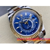 ロレックスコピー スカイ・デューラー（Sky-Dweller）42mm 326138“ブルー・ワールドタイマー文字盤・ゴールド・インデックス＋リングコマンド機能搭載三角坑紋ベゼル＋オイスターブレスレット” レディース専用モデル