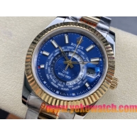 ロレックスコピー スカイ・デューラー（Sky-Dweller）42mm 326138“ブルー・ワールドタイマー文字盤・ゴールド・インデックス＋リングコマンド機能搭載三角坑紋ベゼル＋オイスターブレスレット” レディース専用モデル