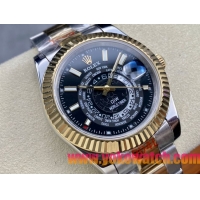 ロレックスコピー スカイ・デューラー（Sky-Dweller）42mm 326138“ブラック・ワールドタイマー文字盤・ゴールド・インデックス＋リングコマンド機能搭載三角坑紋ベゼル＋オイスターブレスレット” レディース専用モデル 