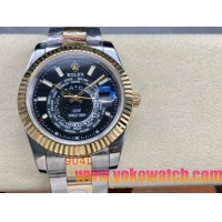 ロレックスコピー スカイ・デューラー（Sky-Dweller）42mm 326138“ブラック・ワールドタイマー文字盤・ゴールド・インデックス＋リングコマンド機能搭載三角坑紋ベゼル＋オイスターブレスレット” レディース専用モデル 