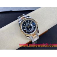 ロレックスコピー スカイ・デューラー（Sky-Dweller）42mm 326138“ブラック・ワールドタイマー文字盤・ゴールド・インデックス＋リングコマンド機能搭載三角坑紋ベゼル＋オイスターブレスレット” レディース専用モデル 
