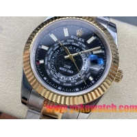 ロレックスコピー スカイ・デューラー（Sky-Dweller）42mm 326138“ブラック・ワールドタイマー文字盤・ゴールド・インデックス＋リングコマンド機能搭載三角坑紋ベゼル＋オイスターブレスレット” レディース専用モデル 