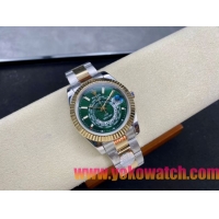 ロレックスコピー スカイ・デューラー（Sky-Dweller）42mm 326138“グリーン・ワールドタイマー文字盤・ゴールド・インデックス＋リングコマンド機能搭載三角坑紋ベゼル＋オイスターブレスレット” レディース専用モデル