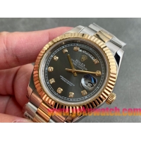 ロレックスコピー デイデイト（Day-Date）41mm 228235“ブラック・ダイヤル＋ダイヤモンドインデックス＋ゴールドベゼル＋ステンレスブレスレット” レディース専用モデル