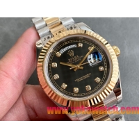 ロレックスコピー デイデイト（Day-Date）41mm 228235“ブラック・ダイヤル＋ダイヤモンドインデックス＋ゴールドベゼル＋ステンレスブレスレット” レディース専用モデル