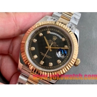 ロレックスコピー デイデイト（Day-Date）41mm 228235“ブラック・ダイヤル＋ダイヤモンドインデックス＋ゴールドベゼル＋ステンレスブレスレット” レディース専用モデル