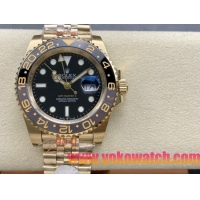 ロレックスコピー GMT-Master II（グリーンニッチ）40mm 126718LB“ブラック・ダイヤル＋イエローゴールドケース＋バイカラーセラミックベゼル（ブルー＆ブラック）＋オイスターブレスレット” メンズ専用モデル