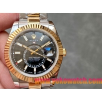 ロレックスコピー・スカイダイバー（SKY-DWELLER）40mm 326138“ブラック・ダイヤル＋イエローゴールドベゼル＋ステンレススチールブレスレット” メンズ専用モデル