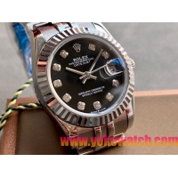 ロレックスコピー・デイトジャスト（DATEJUST）31mm 279160“三角坑紋ベゼル＋ダイヤモンドインデックス＋ブラックダイヤル＋ステンレススチールブレスレット” レディース専用モデル