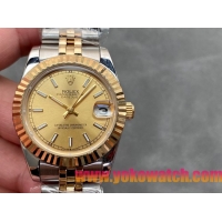 ロレックスコピー・デイトジャスト（DATEJUST）31mm 279138R“三角坑紋ベゼル＋ゴールドダイヤル＋ステンレススチール＆イエローゴールドブレスレット” レディース専用モデル