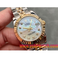 ロレックスコピー・デイトジャスト（DATEJUST）31mm 279138R“三角坑紋ベゼル＋ダイヤモンドインデックス＋真珠貝ダイヤル＋ステンレススチール＆イエローゴールドブレスレット” レディース専用モデル