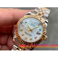 ロレックスコピー・デイトジャスト（DATEJUST）31mm 279138R“三角坑紋ベゼル＋ダイヤモンドインデックス＋真珠貝ダイヤル＋ステンレススチール＆イエローゴールドブレスレット” レディース専用モデル