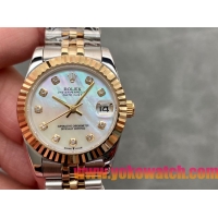 ロレックスコピー・デイトジャスト（DATEJUST）31mm 279138R“三角坑紋ベゼル＋ダイヤモンドインデックス＋真珠貝ダイヤル＋ステンレススチール＆イエローゴールドブレスレット” レディース専用モデル