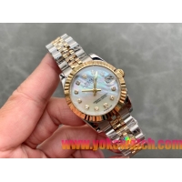ロレックスコピー・デイトジャスト（DATEJUST）31mm 279138R“三角坑紋ベゼル＋ダイヤモンドインデックス＋真珠貝ダイヤル＋ステンレススチール＆イエローゴールドブレスレット” レディース専用モデル