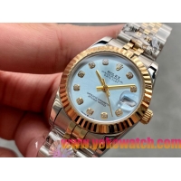 ロレックスコピー・デイトジャスト（DATEJUST）31mm 279138R“三角坑紋ベゼル＋ダイヤモンドインデックス＋アイスブルーダイヤル＋ステンレススチール＆イエローゴールドブレスレット” レディース専用モデル