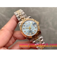ロレックスコピー・デイトジャスト（DATEJUST）31mm 279138R“三角坑紋ベゼル＋ダイヤモンドインデックス＋アイスブルーダイヤル＋ステンレススチール＆イエローゴールドブレスレット” レディース専用モデル
