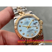 ロレックスコピー・デイトジャスト（DATEJUST）31mm 279138R“三角坑紋ベゼル＋ダイヤモンドインデックス＋アイスブルーダイヤル＋ステンレススチール＆イエローゴールドブレスレット” レディース専用モデル