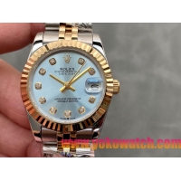ロレックスコピー・デイトジャスト（DATEJUST）31mm 279138R“三角坑紋ベゼル＋ダイヤモンドインデックス＋アイスブルーダイヤル＋ステンレススチール＆イエローゴールドブレスレット” レディース専用モデル