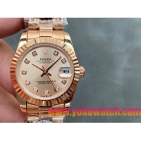 ロレックスコピー・デイトジャスト（DATEJUST）31mm 279138R“全イエローゴールド仕様＋三角坑紋ベゼル＋ダイヤモンドインデックス＋ピンクゴールドダイヤル” レディース専用モデル