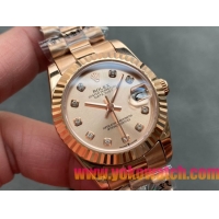 ロレックスコピー・デイトジャスト（DATEJUST）31mm 279138R“全イエローゴールド仕様＋三角坑紋ベゼル＋ダイヤモンドインデックス＋ピンクゴールドダイヤル” レディース専用モデル