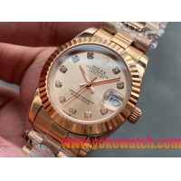 ロレックスコピー・デイトジャスト（DATEJUST）31mm 279138R“全イエローゴールド仕様＋三角坑紋ベゼル＋ダイヤモンドインデックス＋ピンクゴールドダイヤル” レディース専用モデル