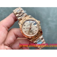 ロレックスコピー・デイトジャスト（DATEJUST）31mm 279138R“全イエローゴールド仕様＋三角坑紋ベゼル＋ダイヤモンドインデックス＋ピンクゴールドダイヤル” レディース専用モデル