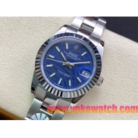 ロレックスコピー・デイトジャスト（DATEJUST）31mm 279160R“全ステンレススチール仕様＋三角坑紋ベゼル＋バーインデックス＋ブルーパームダイヤル” レディース専用モデル